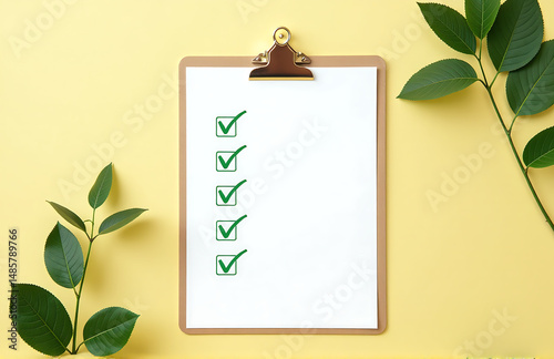 clipboard five item checklist features green checkmarks light yellow background green leaves surrounding