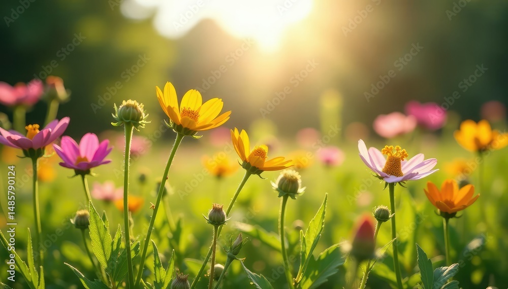 Fototapeta premium Sunlit wildflowers in a lush meadow, showcasing natural beauty , earth, earth tones