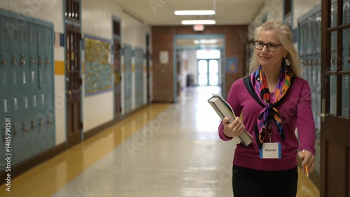 A mature woman teacher dressed in a pink top strolls past colorful school lockers while holding books. Her confident demeanor reflects her teaching experience and passion.
