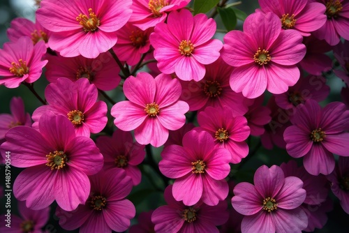 Vibrant fuchsia flowers in a blooming floral pattern , background, leaves, vivid