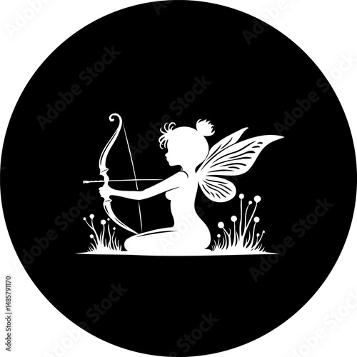 Enigmatic fairy archer silhouette within a stark circular frame illustration