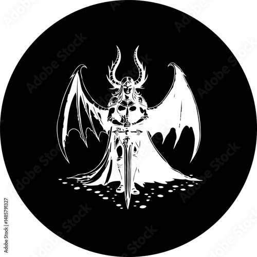 Monochrome depiction of horned figure with sword and prominent wings within circle