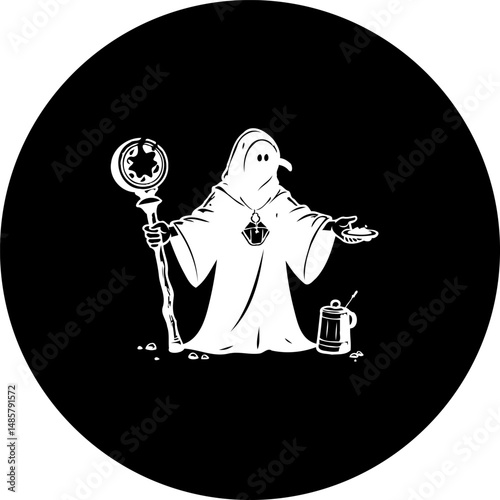 Mysterious cloaked figure casting a spell within a stark circular silhouette