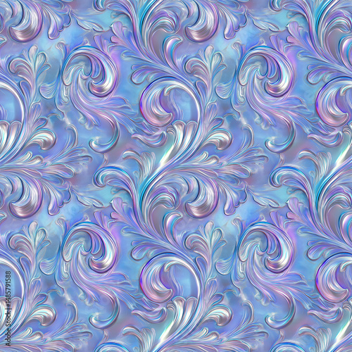 Pearlescent holographic seamless pattern with ornate swirling floral design