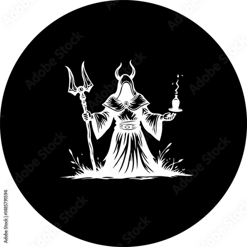 Monochrome depiction of a horned figure holding a trident and candle within a circle