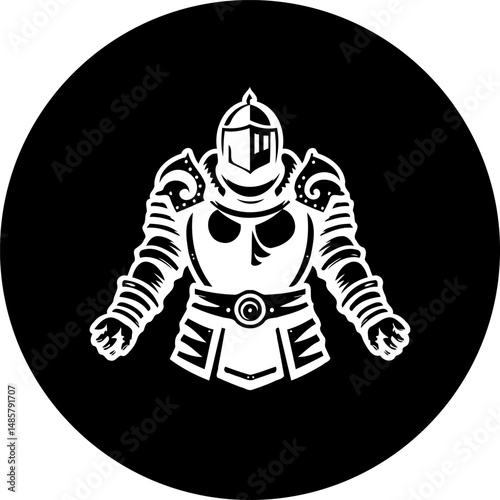 Stylized knight silhouette in a dark circle emblem representing medieval strength