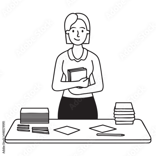 A teacher standing hold book beside a desk with scattered papers