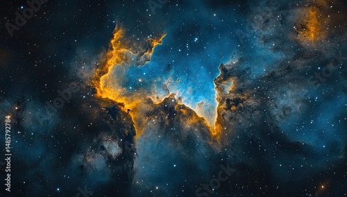 Cosmic nebula swirls in deep space.  Fiery hues dance amongst starlit expanse