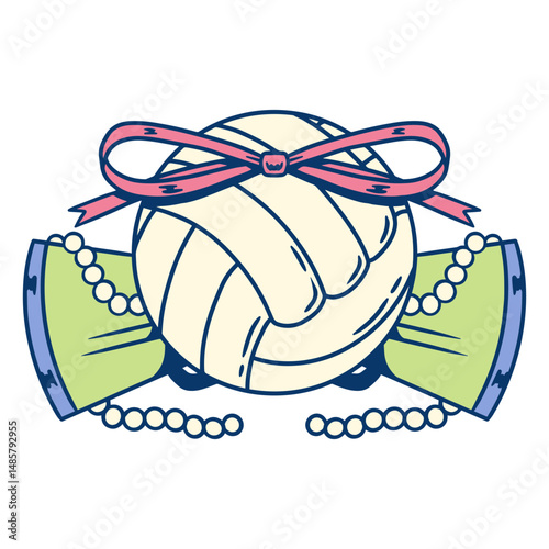 Volleyball with a pink bow and pearl necklace