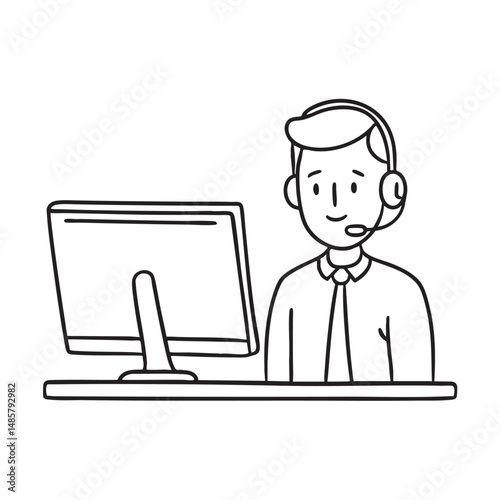 A telemarketer wearing a headset in front a computer monitor