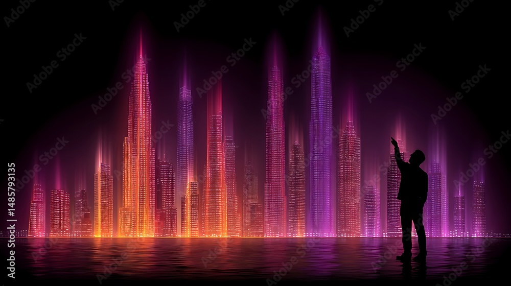 Fototapeta premium A cityscape behind a silhouetted figure.