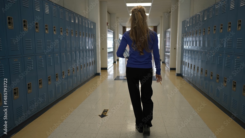 Obraz premium A middle-aged teacher walks confidently down a school hallway, holding books. The lockers line the walls, reflecting a typical school environment during the day.
