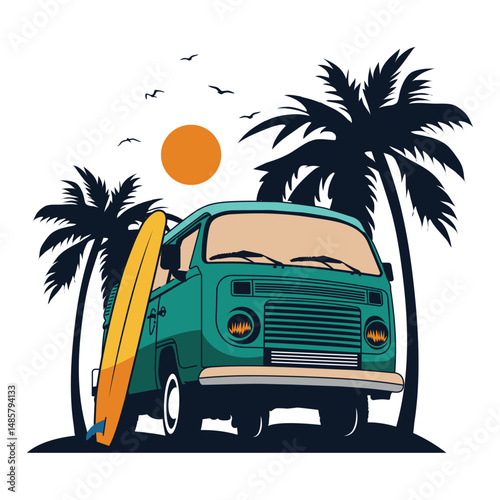 Summer vibes surfing board camper van vector illustration for t-shirt, patch, sticker print