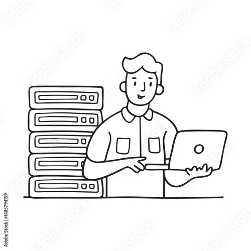 A male technician using a laptop beside server racks