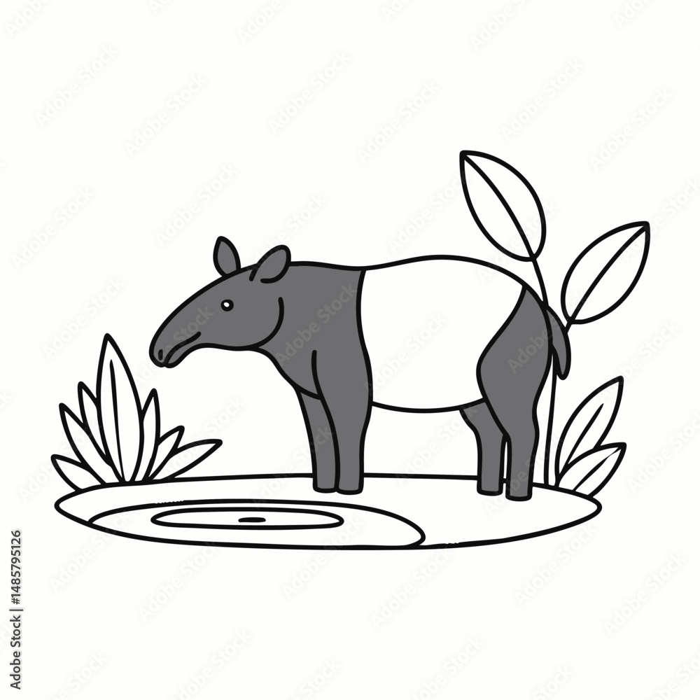 Fototapeta premium A tapir standing beside a small pond in the jungle