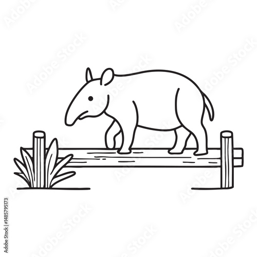 A tapir strolling across a wooden bridge in a wildlife park