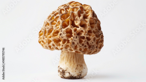 Delicate morel mushroom with a honeycomb cap. Gourmet fungi, edible, prized.