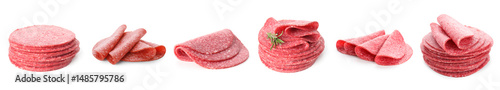 Fotografía Salami sausage slices on white background, set