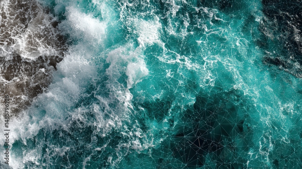 Turquoise ocean waves crashing against rocky shore with abstract geometric patterns in background Turquoise ocean waves crashing against rocky shore with abstract geometric patterns in background