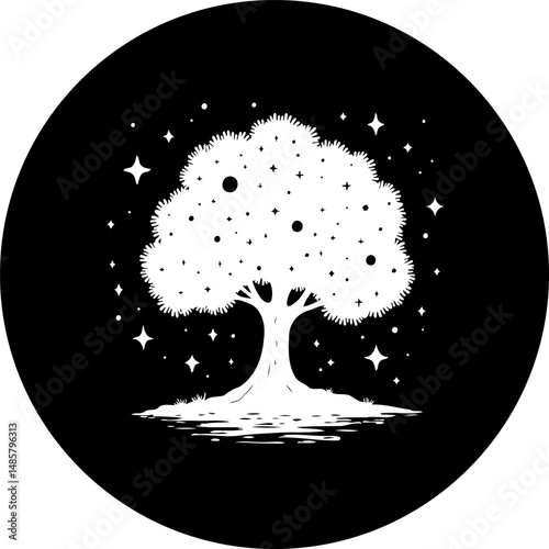 A stylized tree with celestial orbs in a monochromatic minimalist setting