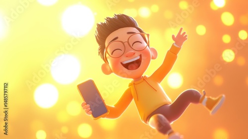 Cheerful 3D Cartoon Character Experiencing Joyful Online Connection and Digital Freedom