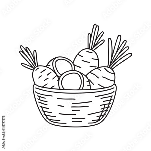 A taro resting in a basket with other root vegetables