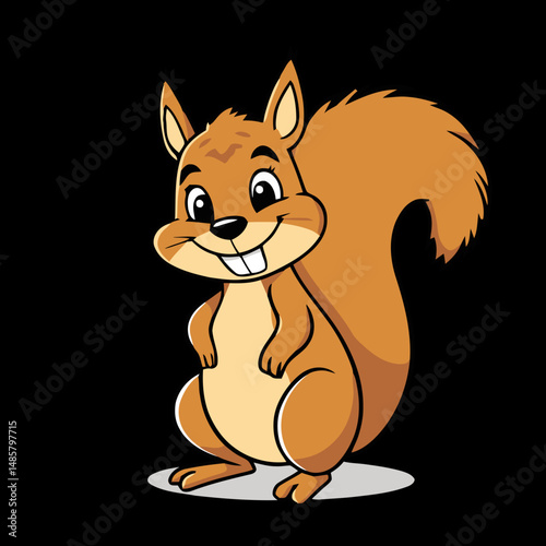 Playful Squirrel: A charming cartoon squirrel with a bushy tail, standing playfully with a big smile against a simple backdrop. The illustration captures a moment of joyful fun.