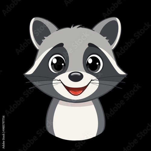 Playful Raccoon Portrait: A close-up illustration of a charming raccoon with a happy expression and endearing eyes, capturing the essence of friendly wildlife and fun.