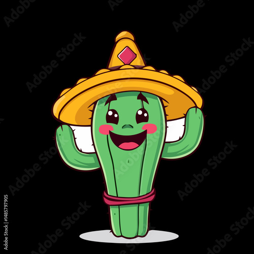 Fiesta Cactus: A cheerful illustration of a cactus personified, adorned in a sombrero, embodying the festive spirit of joy.