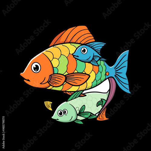 Colorful Fish: A vibrant illustration of a school of cheerful, vividly colored fish gracefully swimming together in a seamless, delightful composition.