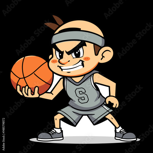 Basketball Cartoon: A determined athlete, embodies the spirit of competitive basketball, exuding confidence and focus as he prepares to make a play.