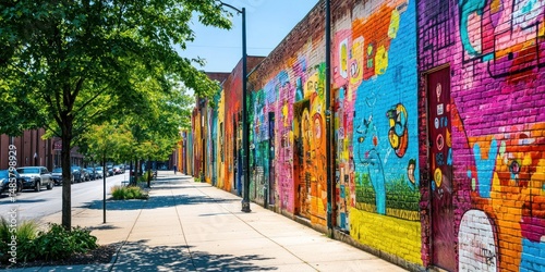 Urban neighborhood with colorful wall art