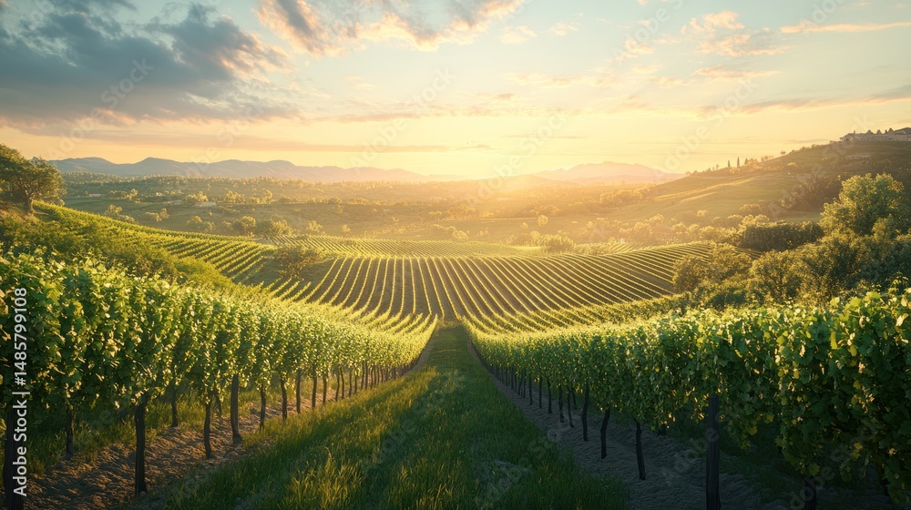 Naklejka premium Vineyard Rows Sunset Majestic Landscape