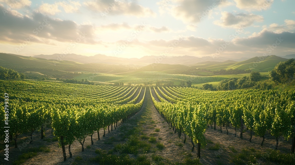 Fototapeta premium Vineyard rows at sunset, landscape, idyllic, rural, scenic