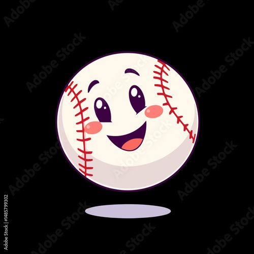 Smiling Baseball: A charming cartoon illustration of a baseball with a happy face, perfect for representing enthusiasm and positivity in sports-related designs. 