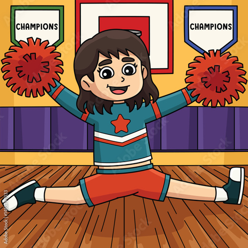 Female Cheerleader doing Splits Colored Cartoon 