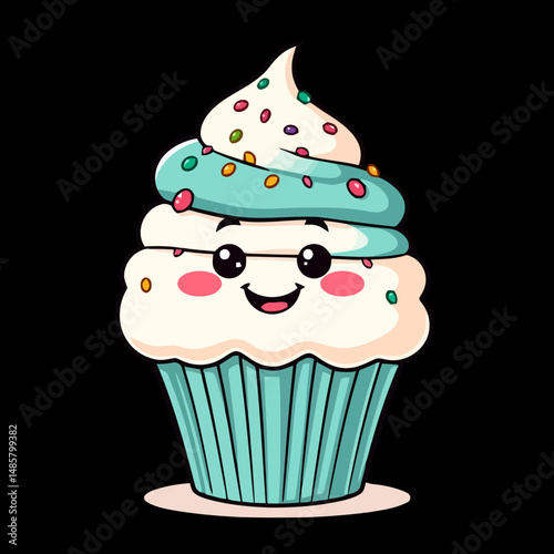 Smiling Cupcake Delight: A delightful cartoon cupcake, adorned with colorful sprinkles and a cheerful expression, standing alone ready to bring the happiness.