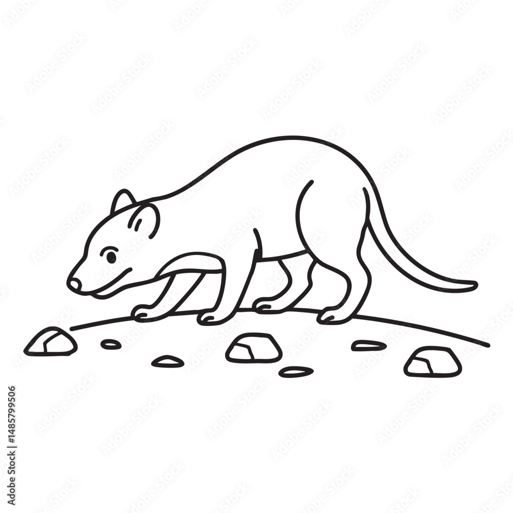 Fototapeta premium A Tasmanian devil sniffing tracks on a trail near rocks