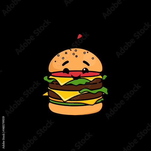 Happy Hamburger: A cheerful animated hamburger, a culinary delight, brings joy and embodies the perfect combination of fresh ingredients, a delicious food item and satisfaction. 