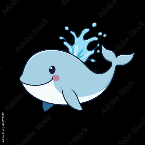 Happy Whale Splashing: An adorable cartoon whale playfully splashes water, radiating joy and happiness. Its cheerful expression is captivating.