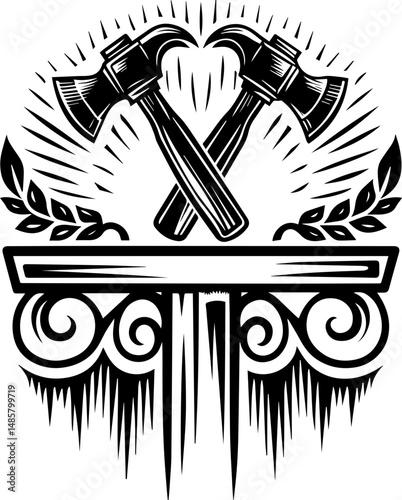 Vector SVG of ghostly shipwrights with skull motifs.Two Crossed Hammers with Laurel in Vintage Style Illustration