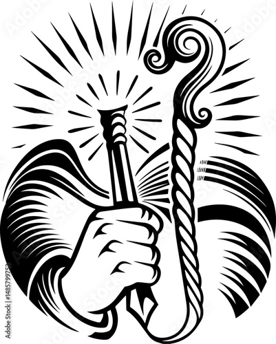 Vector SVG of ghostly shipwrights with skull motifs.Hand Holding Staff with Radiating Light Symbolizing Guidance and Strength