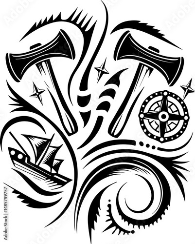 Vector SVG of ghostly shipwrights with skull motifs.Nautical Tattoo Design with Axes, Ship, and Decorative Elements