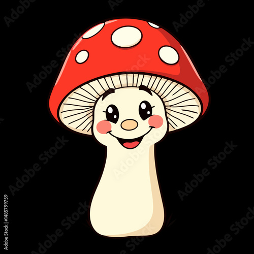 Smiling Mushroom Mascot: A whimsical illustration of a charming mushroom with a friendly face, radiating positivity and playfulness. 