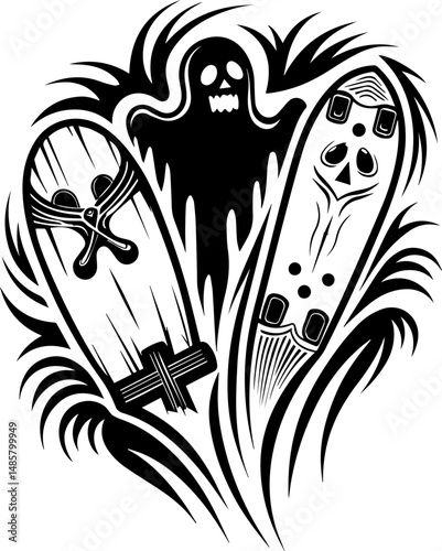 Vector SVG of ghostly shipwrights with skull motifs.Ghostly Skateboard Design with Creepy Elements and Abstract Shapes