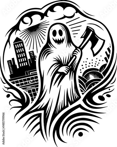 Vector SVG of ghostly shipwrights with skull motifs.Spooky Ghost Figure with Axe in Urban Landscape Illustration