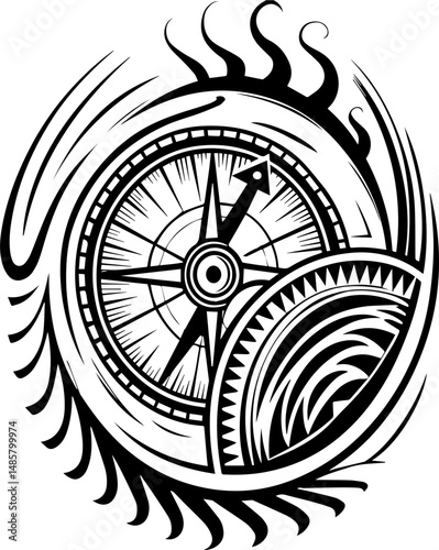 Vector SVG of ghostly shipwrights with skull motifs.Black and White Compass Tattoo Design with Wave and Flame Elements