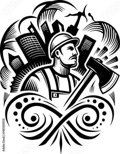 Vector SVG of ghostly shipwrights with skull motifs.Determined Worker with Axe Against City Skyline Background