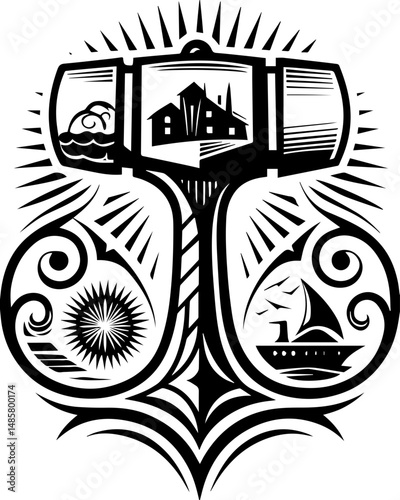 Vector SVG of ghostly shipwrights with skull motifs.Vintage Hammer with House and Nautical Designs for Artistic Use