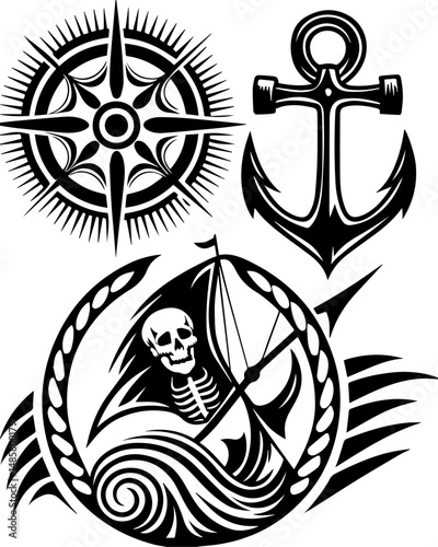 Vector SVG of ghostly shipwrights with skull motifs.Nautical Tattoo Elements Featuring Skull, Anchor, and Compass Design